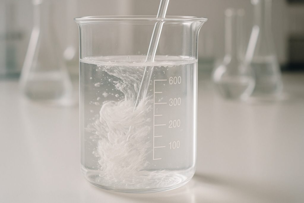 Photorealistic lab scene showing HPMC powder dissolving and thickening in water, illustrating solubility and dispersion properties in a beaker.