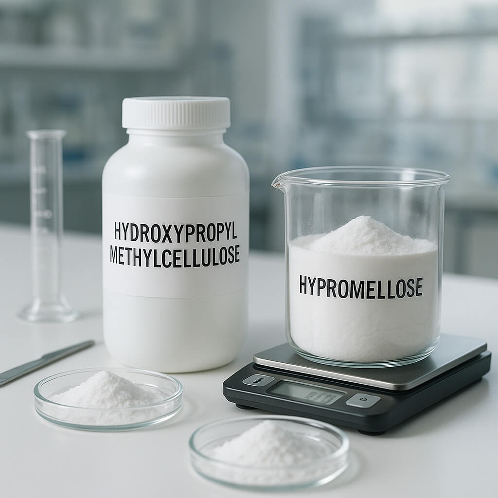 Two labeled containers of hydroxypropyl methylcellulose and hypromellose on a laboratory bench, surrounded by precision tools and white powder samples in a professional pharmaceutical setting.