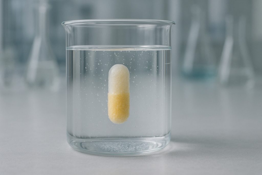 Hypromellose capsule dissolving in water at 37 °C in a laboratory beaker, showing gel layer formation during controlled release testing