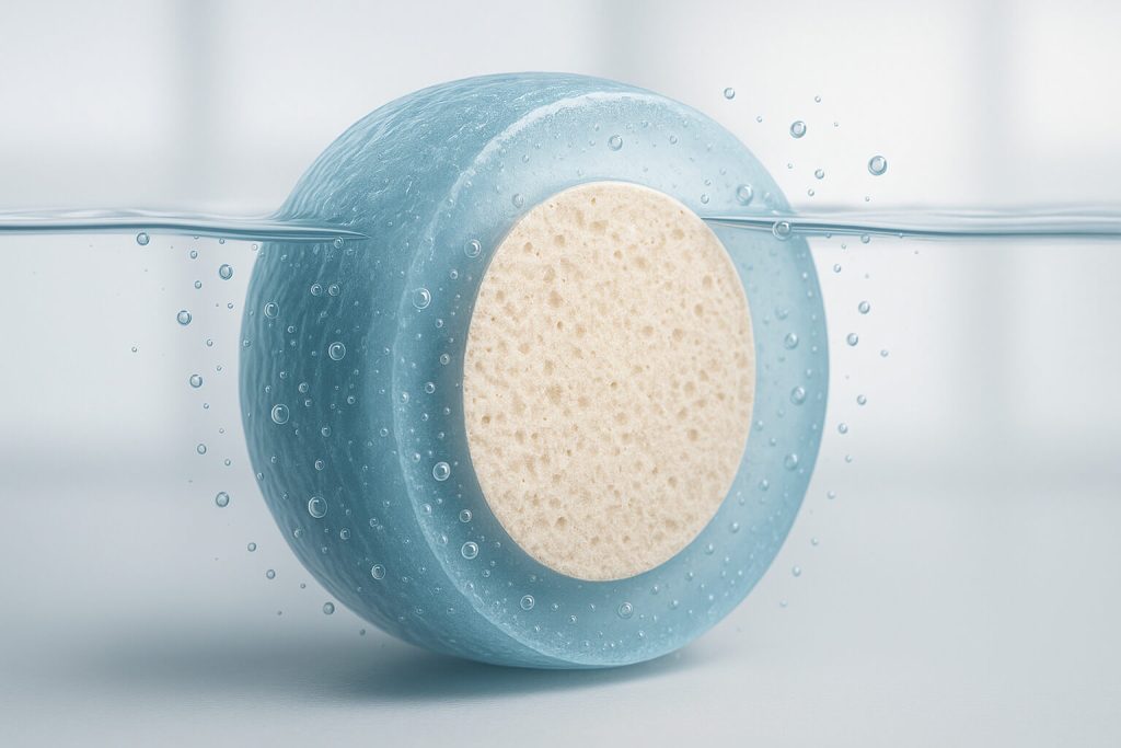 Close-up cross-sectional view of a matrix tablet with hypromellose forming a gel layer in fluid, illustrating controlled drug release behavior.