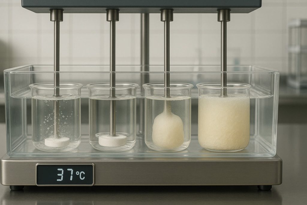 Pharmaceutical dissolution test showing hypromellose-based tablets forming gel barriers at 37 °C, illustrating viscosity-dependent release performance in a quality control lab.