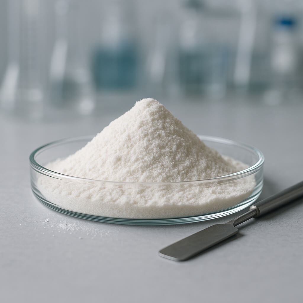 Close-up of hypromellose powder in a glass dish with metal spatula in a pharmaceutical lab, showing its fine texture and clean lab environment