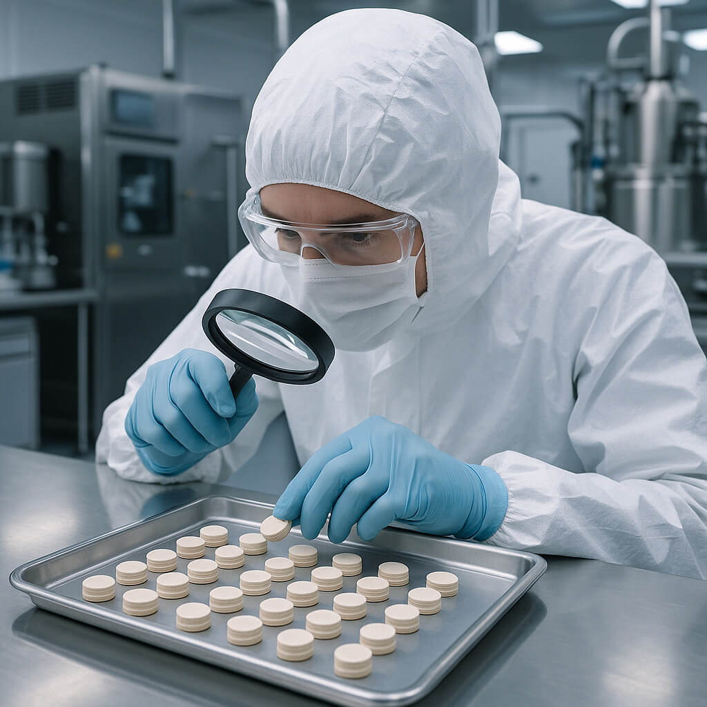 Pharmaceutical scientist inspecting matrix tablets in a cleanroom laboratory, demonstrating quality control for controlled-release formulations using hypromellose.