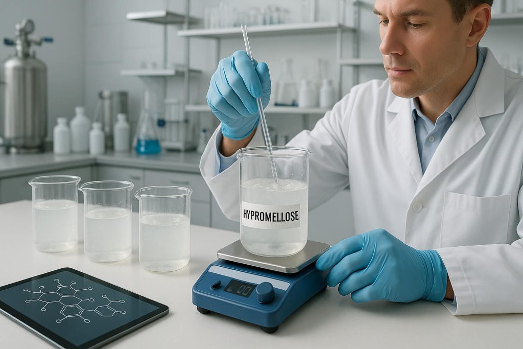 Pharmaceutical scientist performing a solubility test of hypromellose in water using lab beakers and magnetic stirrer, with clear gel-like dispersions and analytical equipment in the background.