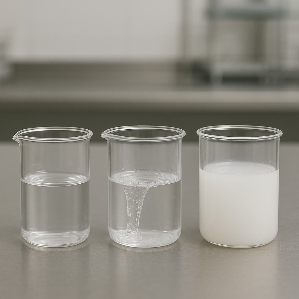 Three laboratory beakers containing hypromellose solutions of different viscosity grades on a clean lab bench, showing variations in fluid thickness and flow behavior.