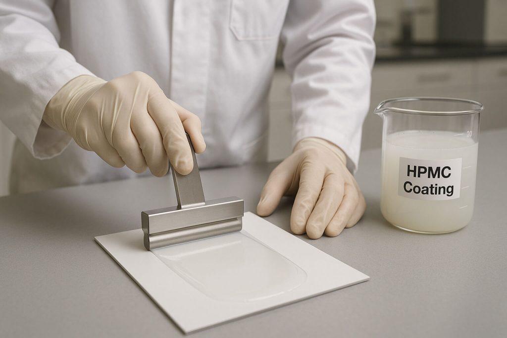 Lab technician using a drawdown applicator to spread HPMC coating on a panel, showing smooth film formation under controlled humidity