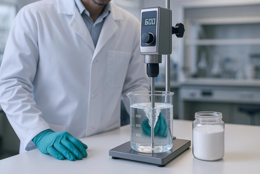 Imagen fotorrealista de gran ángulo de un técnico de laboratorio que viste una bata blanca y guantes y utiliza un agitador superior digital para disolver polvo de HPMC en agua en un vaso de precipitados de vidrio, lo que demuestra la creación de una solución transparente y sin grumos en un entorno de laboratorio moderno.