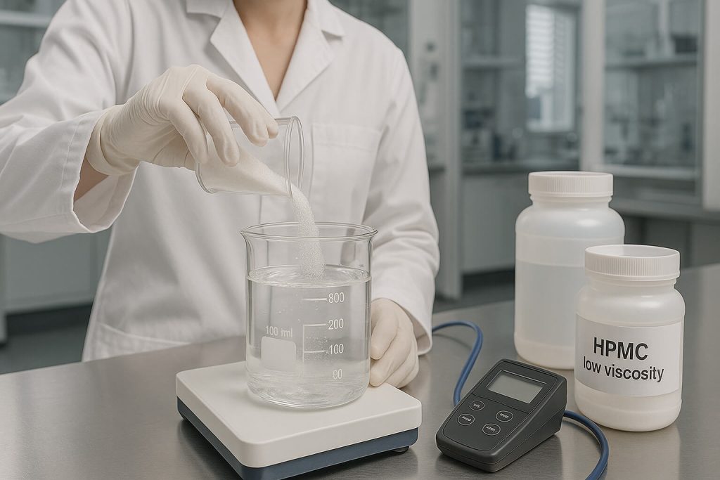 Escena de laboratorio realista de un técnico que disuelve polvo de HPMC de baja viscosidad en agua utilizando equipo de laboratorio estándar, lo que ilustra la solubilidad y el manejo en un entorno farmacéutico.