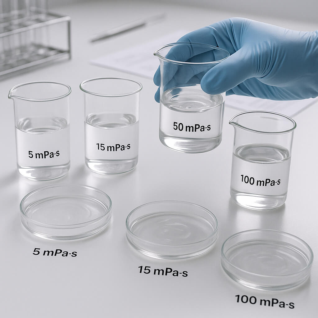 Comparación de laboratorio de soluciones de HPMC de baja viscosidad en vasos de precipitados etiquetados con diferentes valores de mPa·s, que muestran claridad y características de flujo en una mesa de laboratorio blanca y limpia.