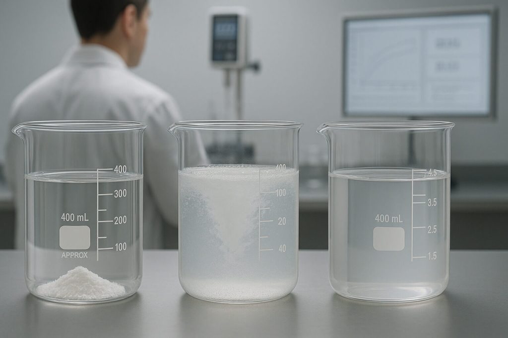 Three laboratory beakers showing different solubility stages of methyl cellulose — from dry powder to fully dissolved gel — in a clean scientific setting, emphasizing functional application and behavior.