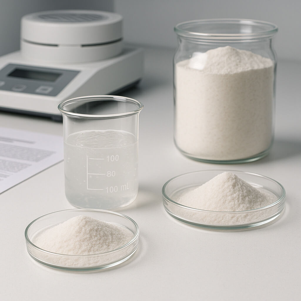 Close-up view of Hydroxypropyl Methylcellulose (HPMC) powder and gel samples arranged on a lab table with technical equipment, illustrating material selection for performance optimization.