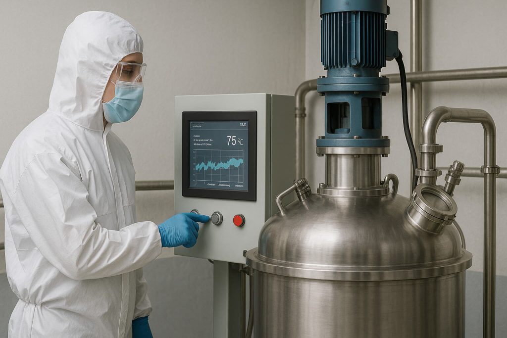 Ein in PSA gekleideter Techniker überwacht den temperaturgesteuerten Mischprozess von Hydroxypropylmethylcellulose in einem Edelstahlreaktor