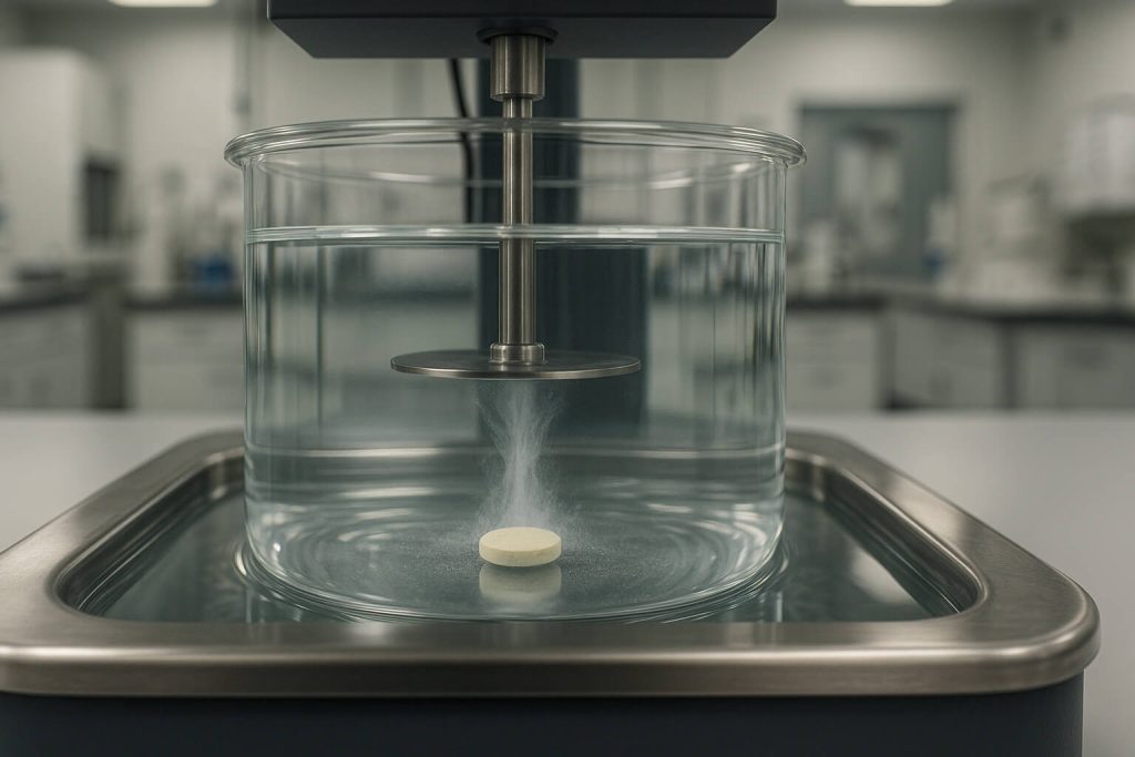 A photorealistic laboratory scene showing an HPMC-coated tablet undergoing a USP II dissolution test inside a glass vessel. A stainless-steel paddle rotates above the tablet in 900 mL of buffer solution at 37 °C, creating a visible dispersion plume. The setup rests in a temperature-controlled water bath, with a modern laboratory environment visible in the background.