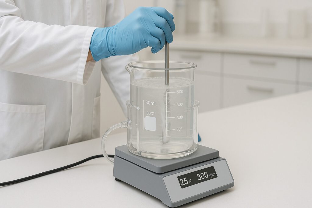 Wide-angle photo of a lab technician stirring HPMC solution at controlled temperature and speed, demonstrating even dispersion without clumping.
